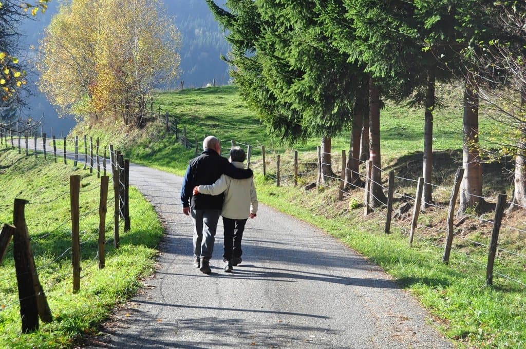 Casal caminhando de mãos dadas em um parque arborizado